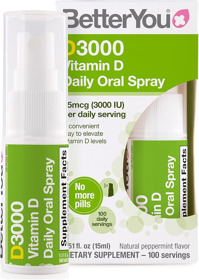 BetterYou Vitamin D 3000 IU Daily Oral Spray, Pill-free Vitamin D3 Supplement, Supports Bones, Teeth and a Healthy Immune System, 3-month Supply, Made in the UK, Natural Peppermint Flavour