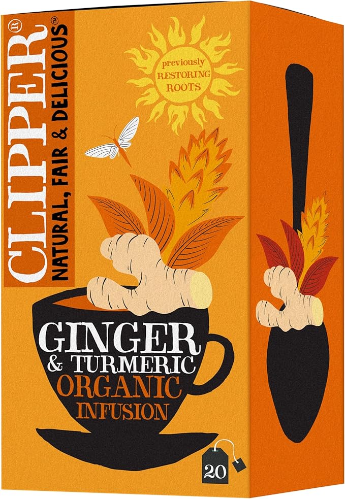 Clipper Organic Restoring Roots Ginger & Turmeric Tea Bags | 20 Tea Infusions in Envelopes | Caffeine Free Teabags | Fairtrade Herbal Tea Bags | Natural, Unbleached Plant-Based & Biodegradable Sachets