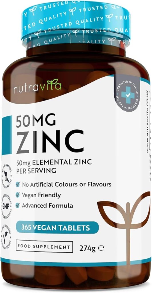 Zinc Tablets 50mg – 365 Vegan Tablets for 6 Months Supply – Zinc Supplement High Strength for Maintenance of Normal Immune System, Bones, Hair, Skin & Nails – Made in The UK by Nutravita