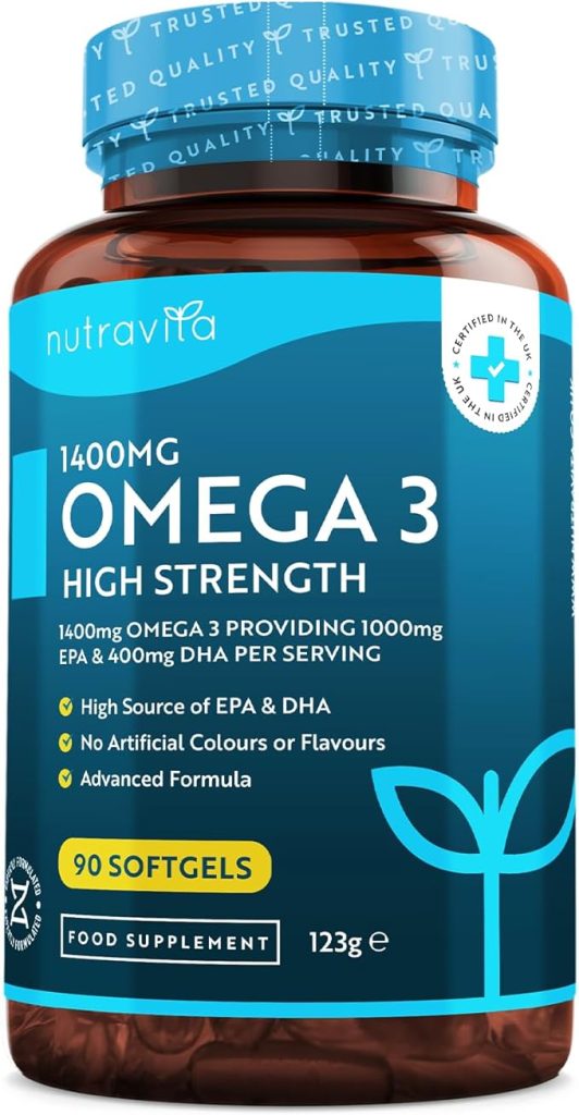 Highest Strength Omega 3 Fish Oil 2000mg - Providing 1000mg EPA & 400mg DHA per Serving - Sustainably Sourced & Contaminant Free - Made in The UK by Nutravita