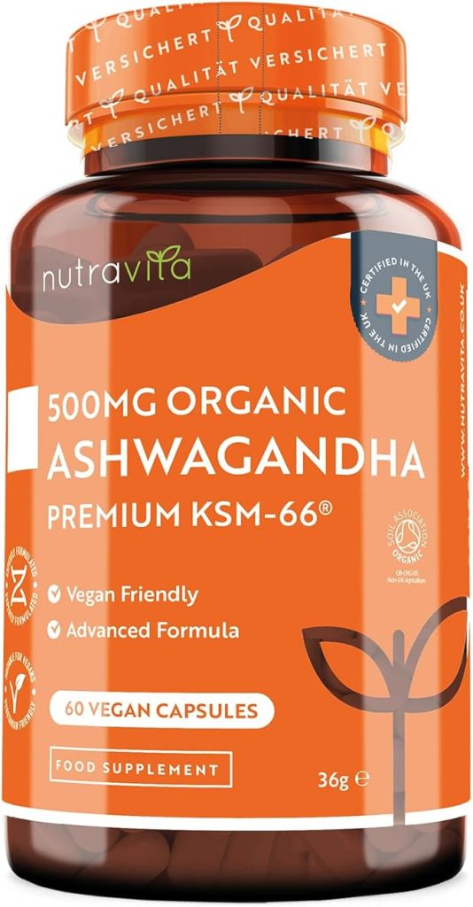 rganic Ashwagandha KSM-66® with 5% Withanolides - Vegan Friendly with The Highest Concentration Most Bioavailable Full-Spectrum Root Powder for Immune Support - Made in The UK by Nutravita