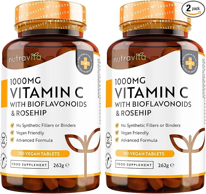 Vitamin C 1000mg (2 Packs of 180) – 360 Vegan & Vegetarian VIT C Tablets – 1 Year Supply – High Strength Ascorbic Acid – Added Bioflavonoids & Rosehip – Normal Immune System – UK Made by Nutravita