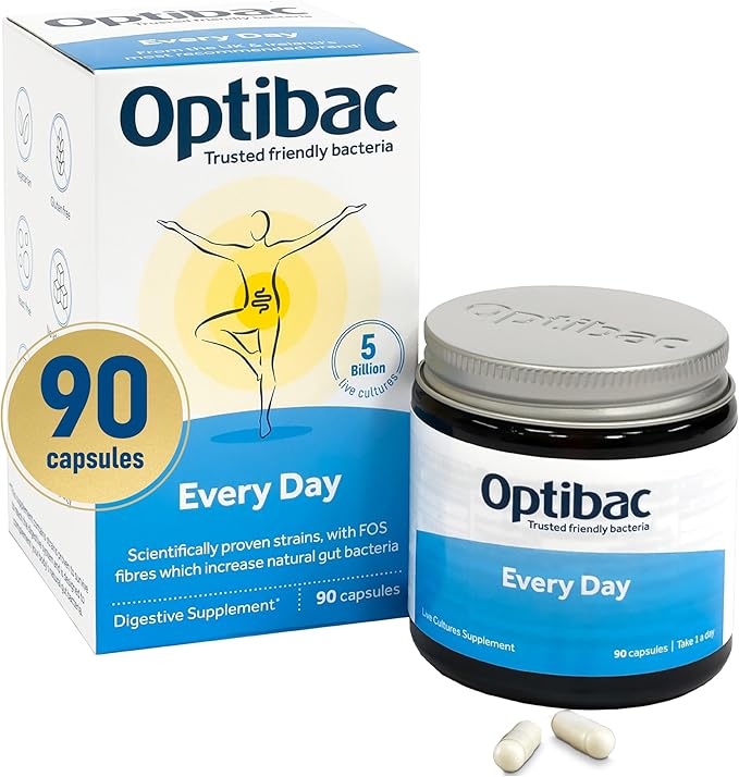 Optibac Probiotics Every Day - Digestive Probiotic Supplement with 5 Billion Bacterial Cultures & FOS Fibres - 90 Capsules