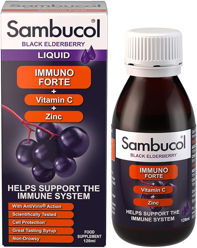 Sambucol Natural Black Elderberry Immuno Forte, Vitamin C, Zinc, Immune Support Supplement Liquid, Syrup, 120 ml (Pack of 1)