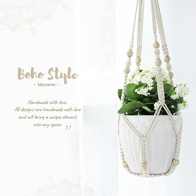 Mkouo Macrame Plant Hangers Hanging Basket Cotton Rope Boho Decor Balcony Planter Garden Home Decor Ceiling Plant Holder for Indoor Outdoor, 89cm