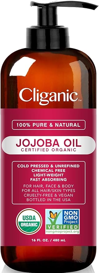 Certified Organic Jojoba Oil 473ml with Pump | 100% Pure Natural Cold Pressed Unrefined, Hexane Free Carrier Oil | for Hair Face & Nails | Cliganic 90 Days Warranty