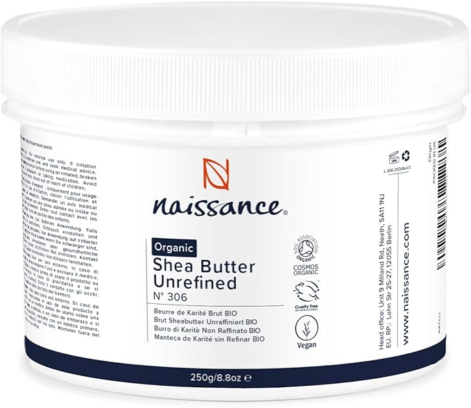 Naissance Organic Shea Butter Unrefined (No. 306) - 250g - Pure, Raw, Natural, Vegan - for Skin, Hair, Lip Balms, Body Butters, Moisturiser