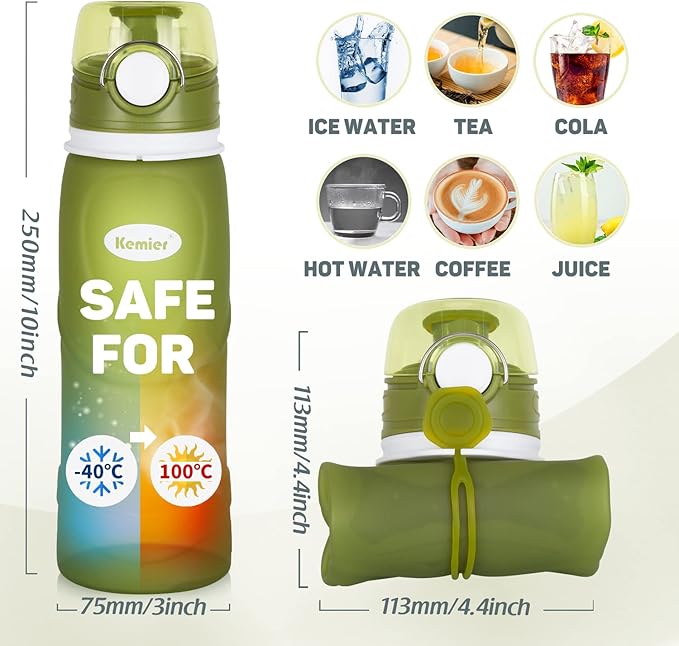 Kemier Collapsible Water Bottle, BPA Free Foldable Water Bottle for Travel, Gym, Hiking, Silicone Portable Leakproof Sports Outdoor Water Bottle with Carabiner,750ML/26OZ(Green)