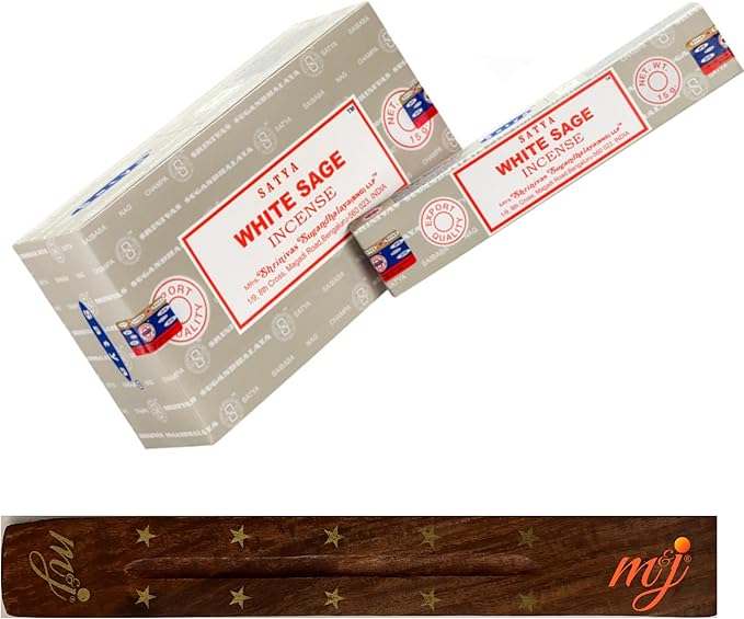 Original Satya Nag Champa White Sage Incense Sticks | with M&J incense sticks holder | Full Box | for Aromatherapy, Spa, Yoga, Weddings, Meditation, Healing, Positivity and Relaxation