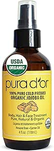 PURA D’OR Organic Jojoba Oil (118 mL) USDA Certified - 100% Pure & Natural Moisturizer - Cold Pressed, Unrefined, Hexane Free Base Carrier Oil for DIY Skin Care, Hair, Face & Nails