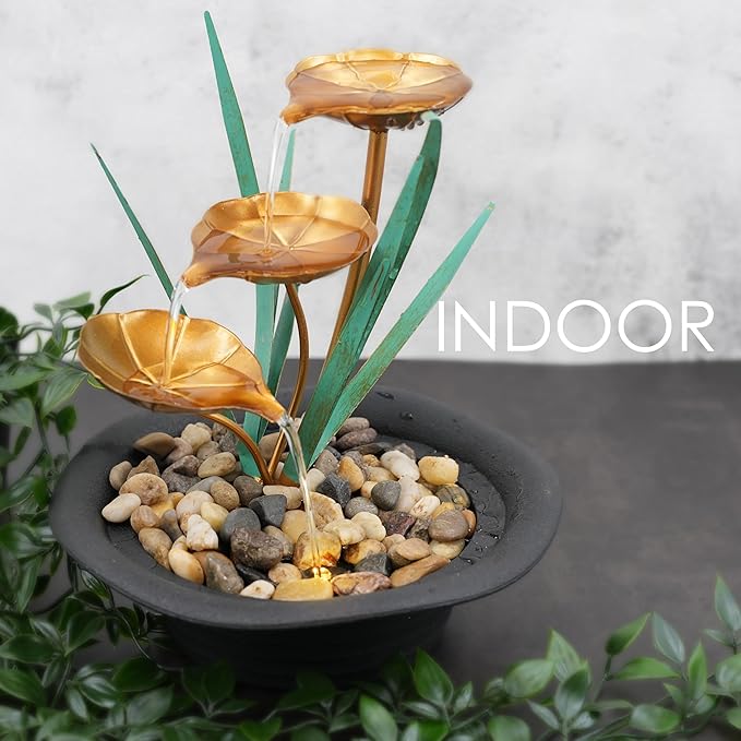 Indoor Tabletop Fountain Water Feature LED Lights Polyresin Statues Home Decoration (Lotus Fountain)