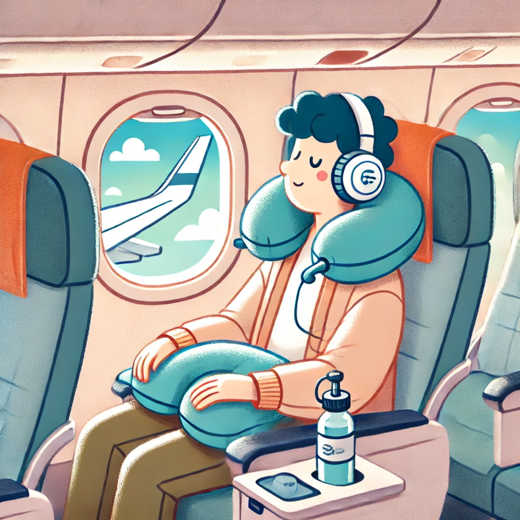 A calming travel-themed image, such as a person comfortably seated with travel essentials (neck pillow, water bottle) in an airplane seat.