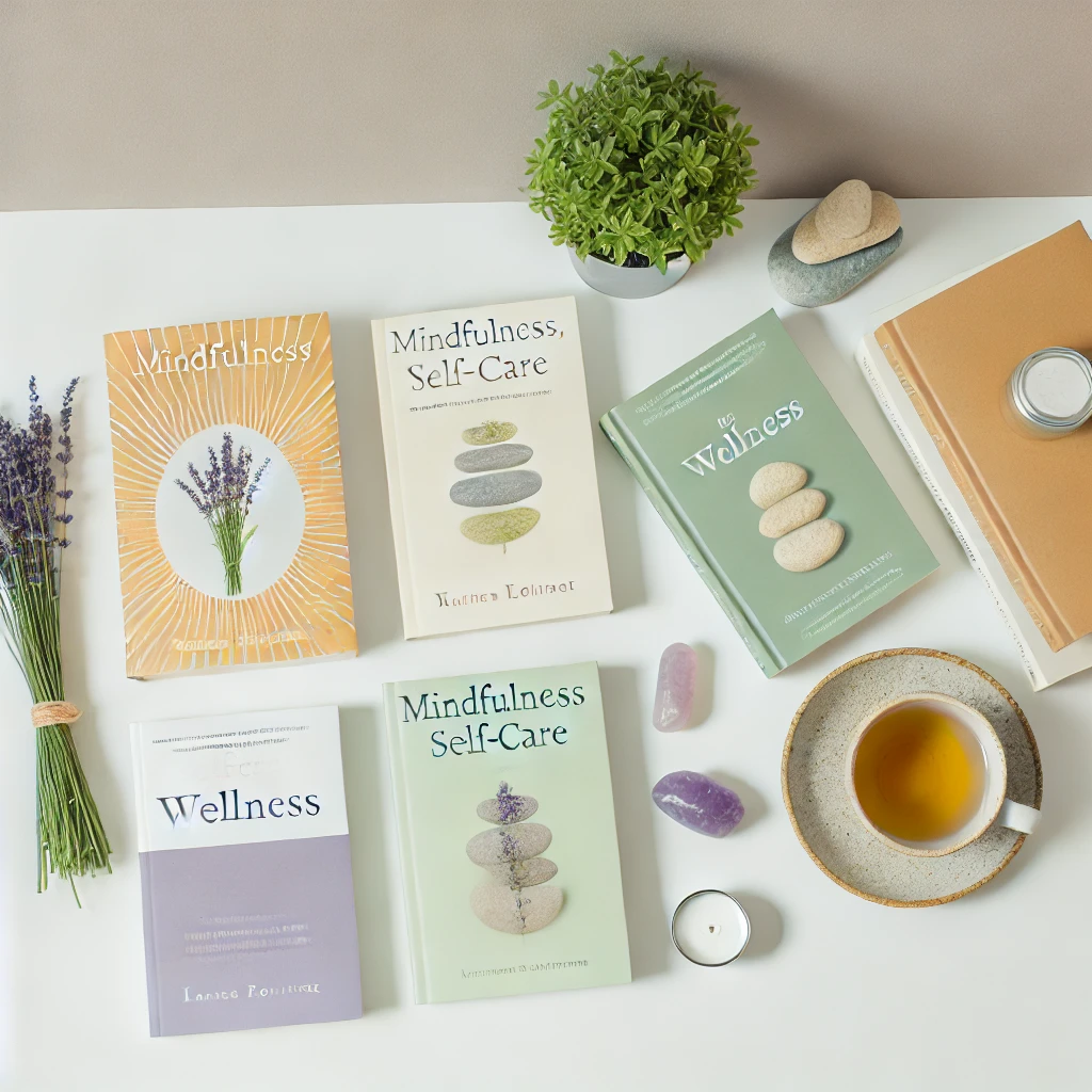 A flat lay of books with holistic themes or stacked wellness books on a clean background.