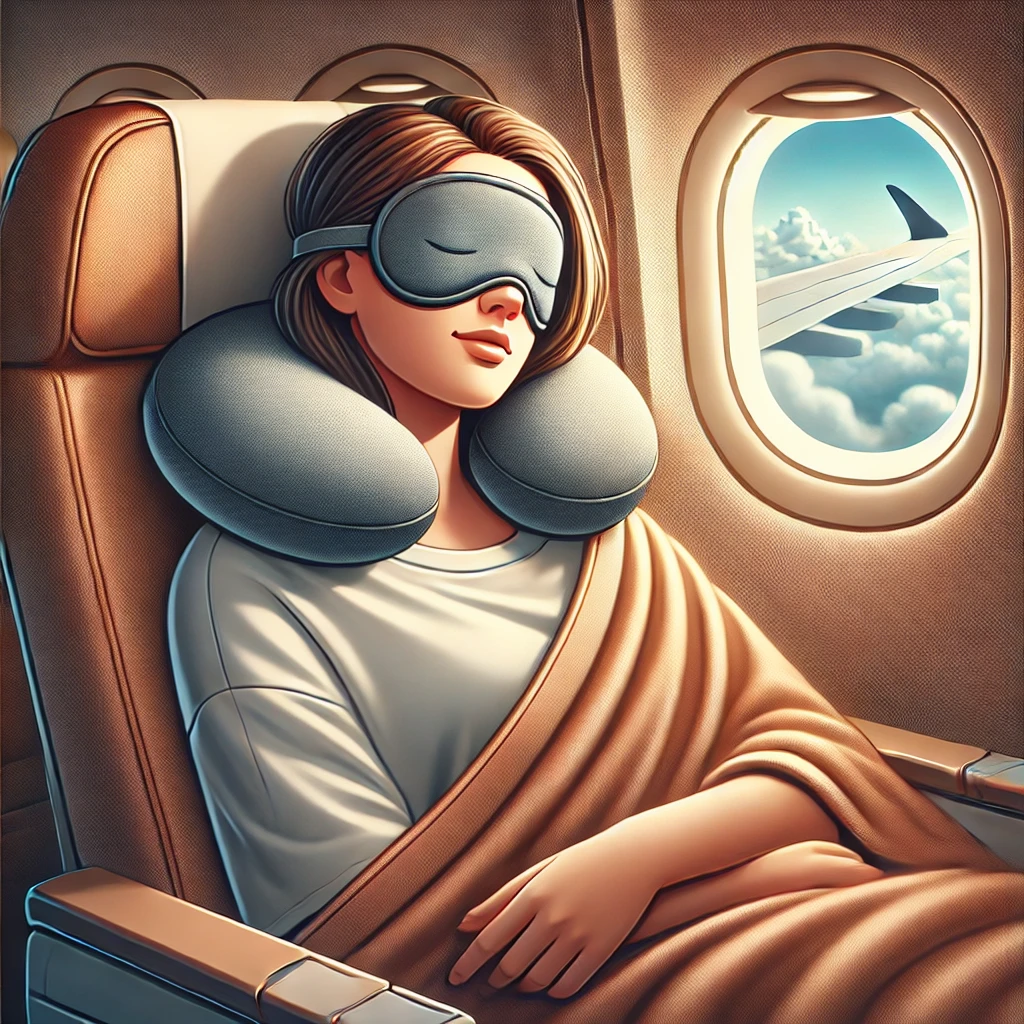 A person comfortably sleeping with an eye mask on in an airplane seat.