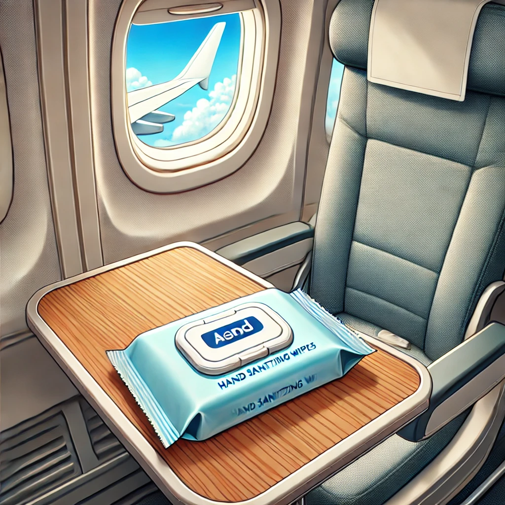 A photo of sanitizing wipes being used on an airplane tray or hands.