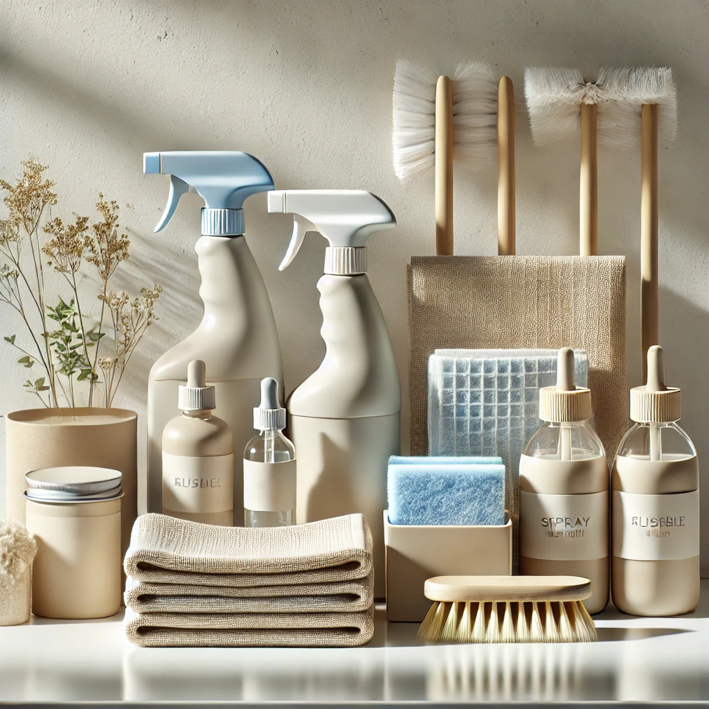 A reusable cleaning kit with microfiber cloths, spray bottles, and labelled containers on a clean counter