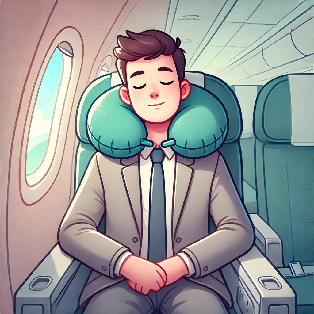  A traveller using an inflatable neck pillow on an airplane.