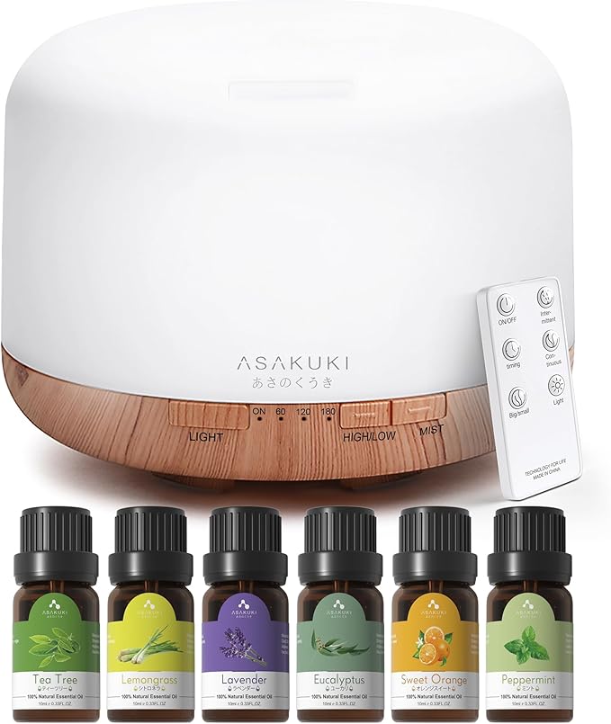 ASAKUKI Essential Oil Diffuser with Oil and Remote, 500ml Aromatherapy Diffuser - 14 LED Colors & Auto Shut-Off, Top 6 Essential Oils Set - Lavender Eucalyptus Tea Tree Orange Peppermint Lemongrass