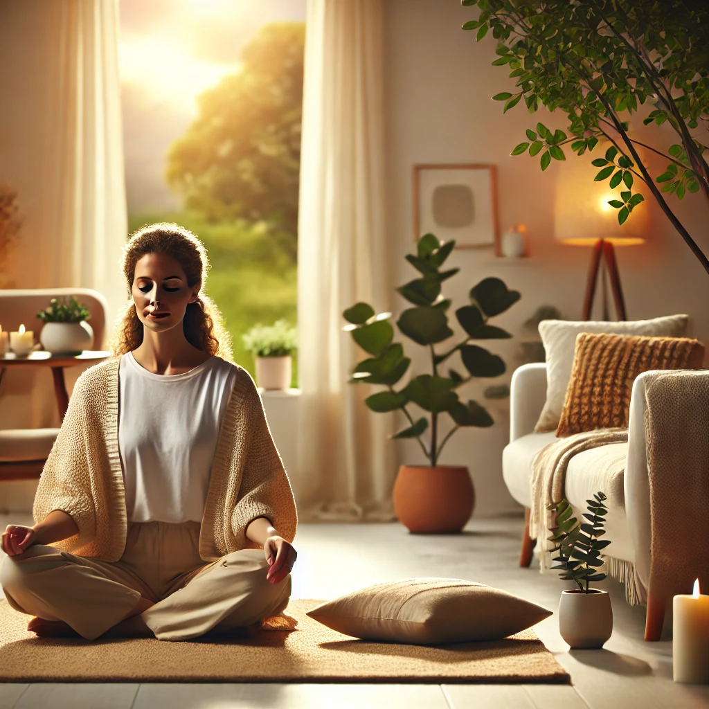 A serene image of a mom sitting cross-legged in a peaceful setting, perhaps in a living room or a natural outdoor setting.