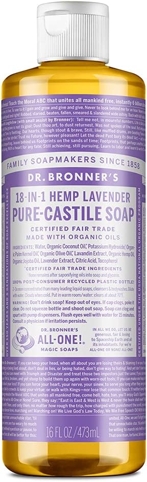 Dr Bronner's 18-in-1 Lavender Pure-Castile Liquid Soap, Made with Organic Oils, Used for Face, Body, Hair, Dishes, Mopping and Pets, Certified Fair Trade & Vegan Friendly, 473ml Recycled Bottle