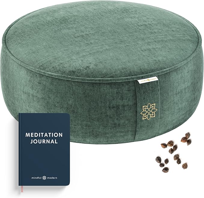 Mindful & Modern Velvet Meditation Cushion | Luxe Zafu Yoga Floor Pillow Seat | Posture Support | Buckwheat Hull Filled | Large Round Cushion with Removable Washable Cover + Carry Handle | Color Green