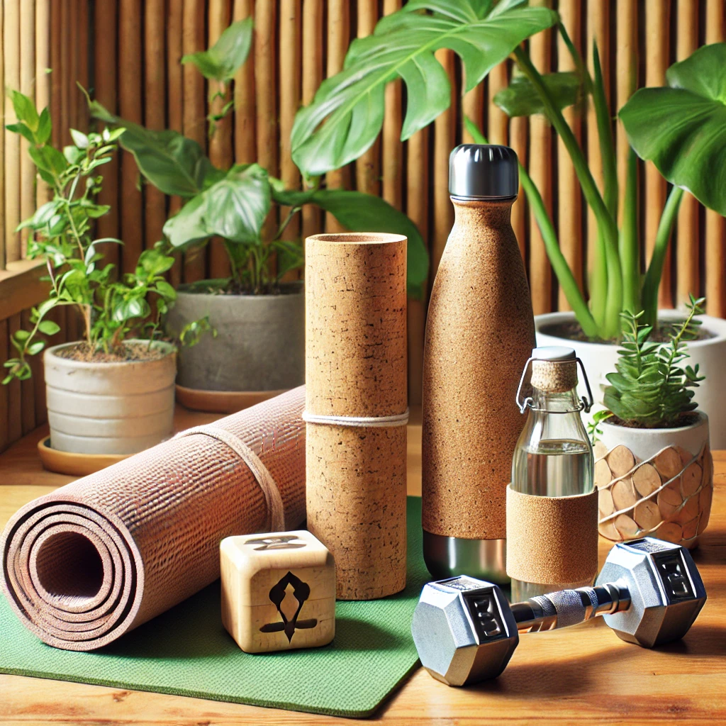 eco-friendly gym gear such as yoga mats made from cork, natural rubber, or recycled weights.