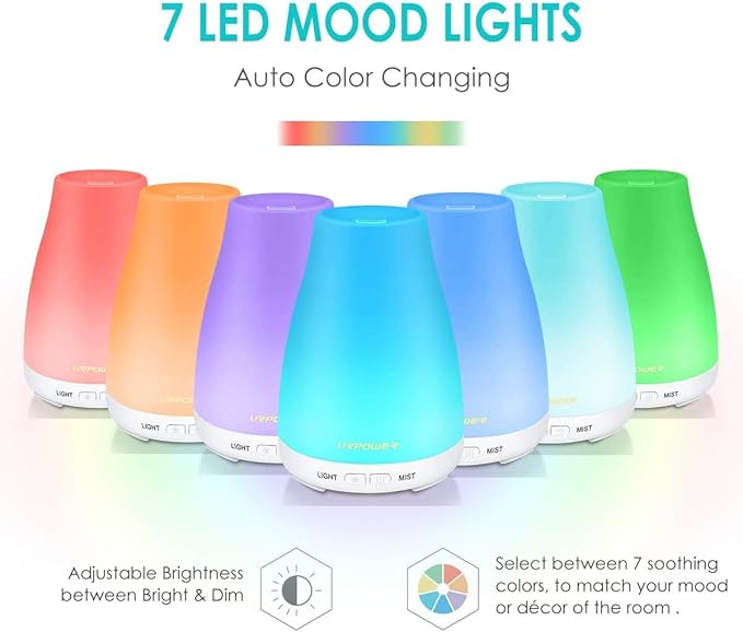 Essential Oil Diffuser, URPOWER® 2nd Version 100ml Aroma Essential Oil Cool Mist Humidifier with Adjustable Mist Mode,Waterless Auto Shut-off and 7 Color LED Lights Changing,for Bedroom,Office, Home