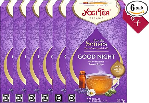 Yogi Tea, For The Senses, Good Night, Organic Herbal Tea with Essential Oils, Naturally Caffeine Free, Blend of Lavender, Chamomile and Hops, 6 Packs x 17 Tea Bags 