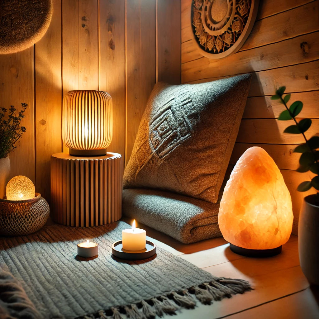 Warm candlelight, a glowing salt lamp, or dimmable LED lights in a cosy corner.