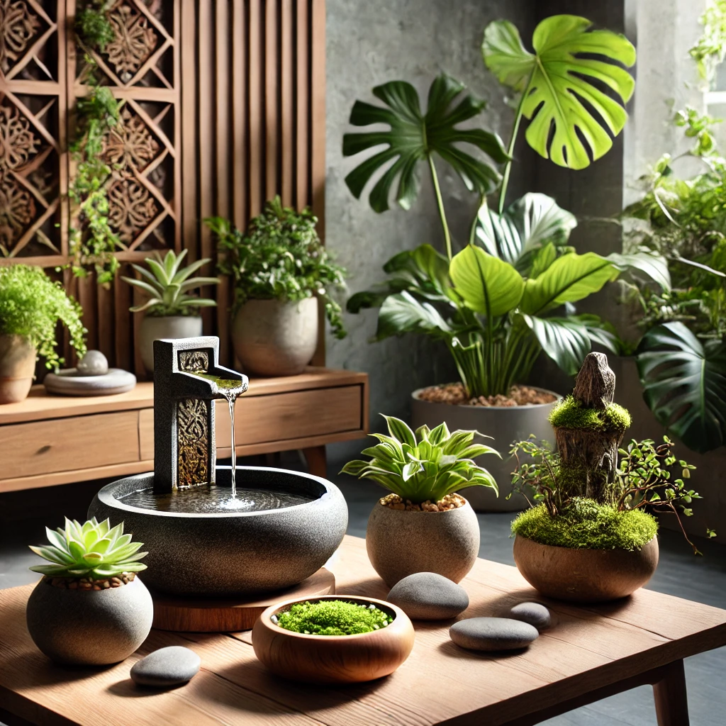 A Zen-inspired corner with indoor plants, a small water fountain, or decorative stones.