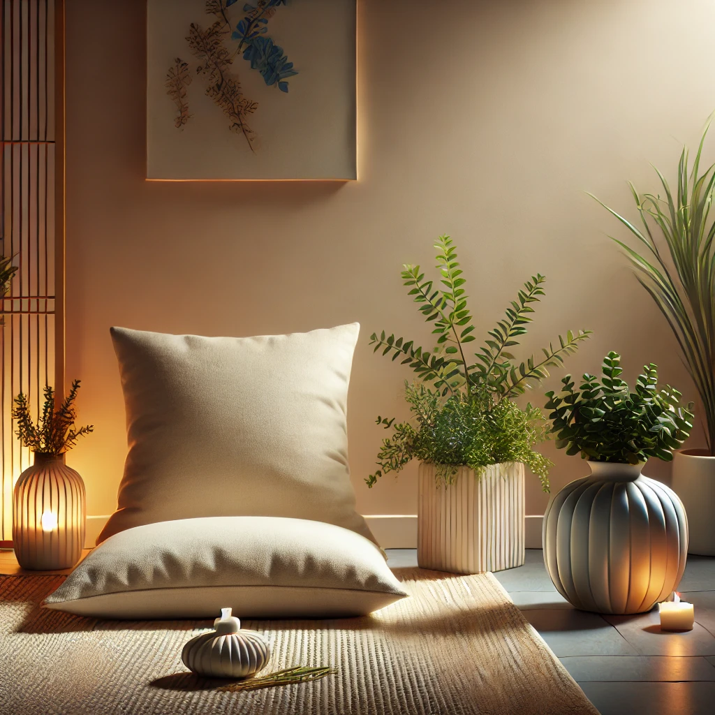  A calming, minimalistic meditation space with soft lighting, a cushion, and plants.