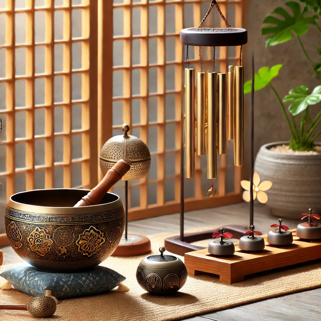 A photo of a Tibetan singing bowl, wind chimes, or a nature-inspired sound machine.