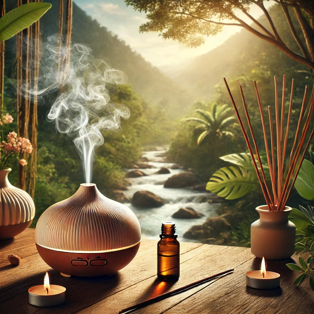 Essential oil bottles, an aroma diffuser in action, or incense sticks burning in a serene setting.