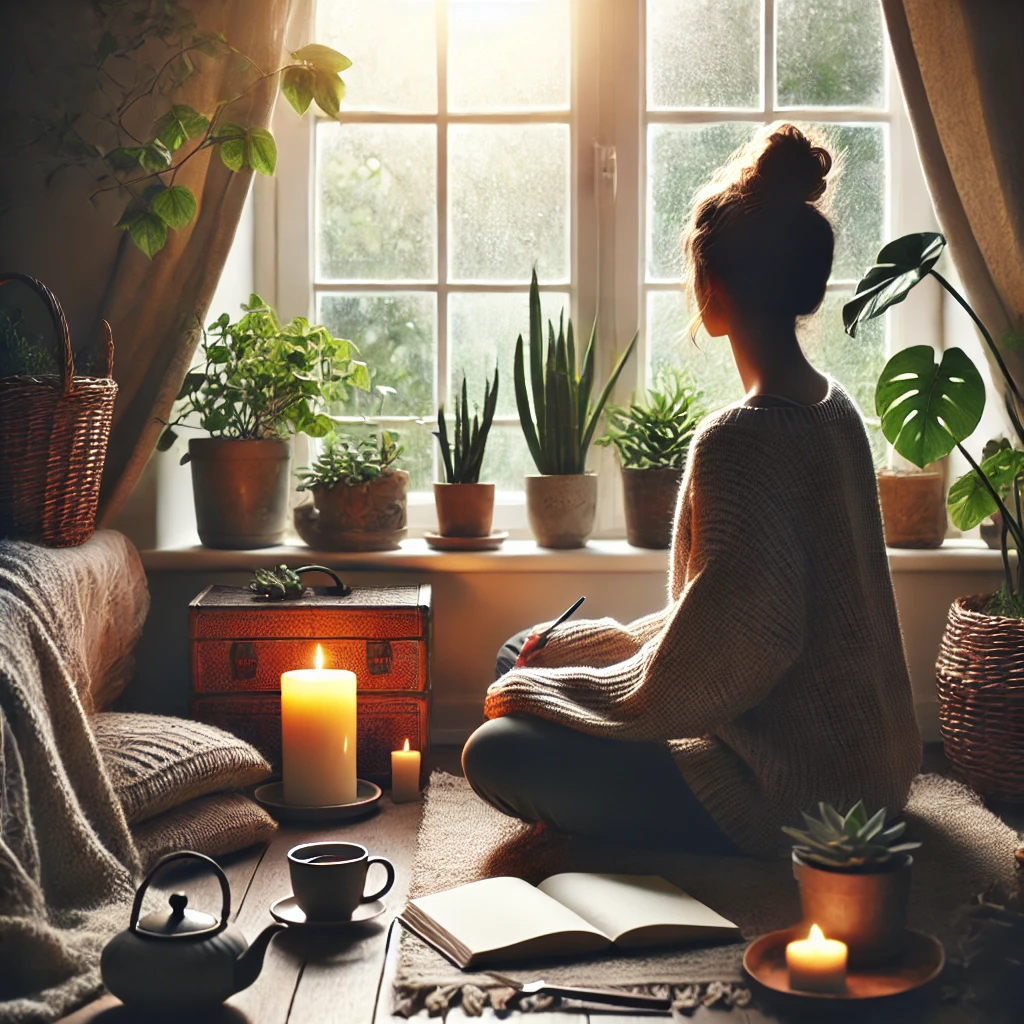 A calm, meditative scene—such as a person practicing meditation or journaling in a peaceful environment