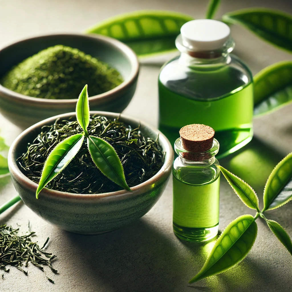 A bowl of green tea leaves with a small vial of green tea extract or a green tea face mask.