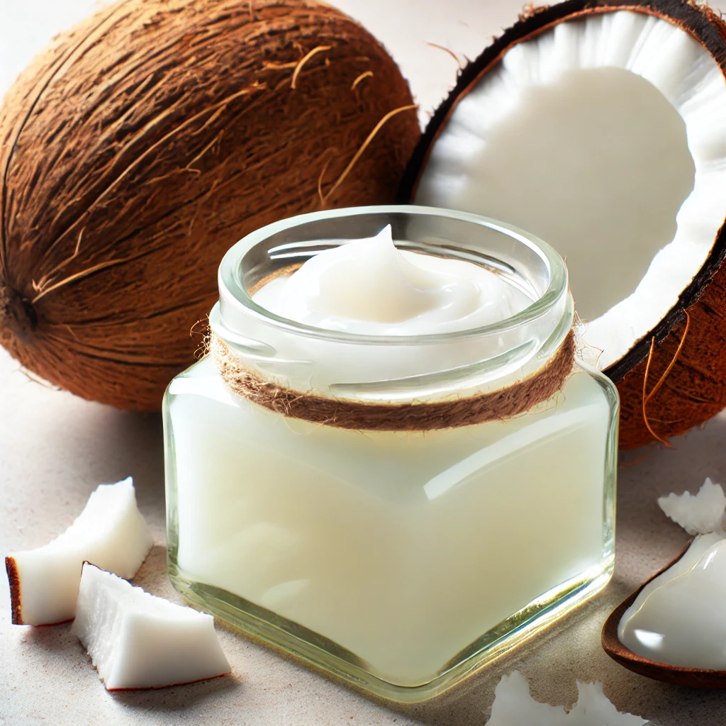 Close-up of coconut oil in a glass jar, next to coconuts or coconut pieces.