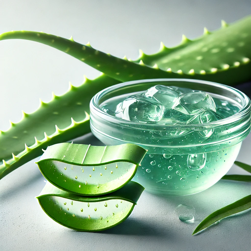  Aloe vera plant with a sliced leaf or a clear bowl of aloe vera gel.