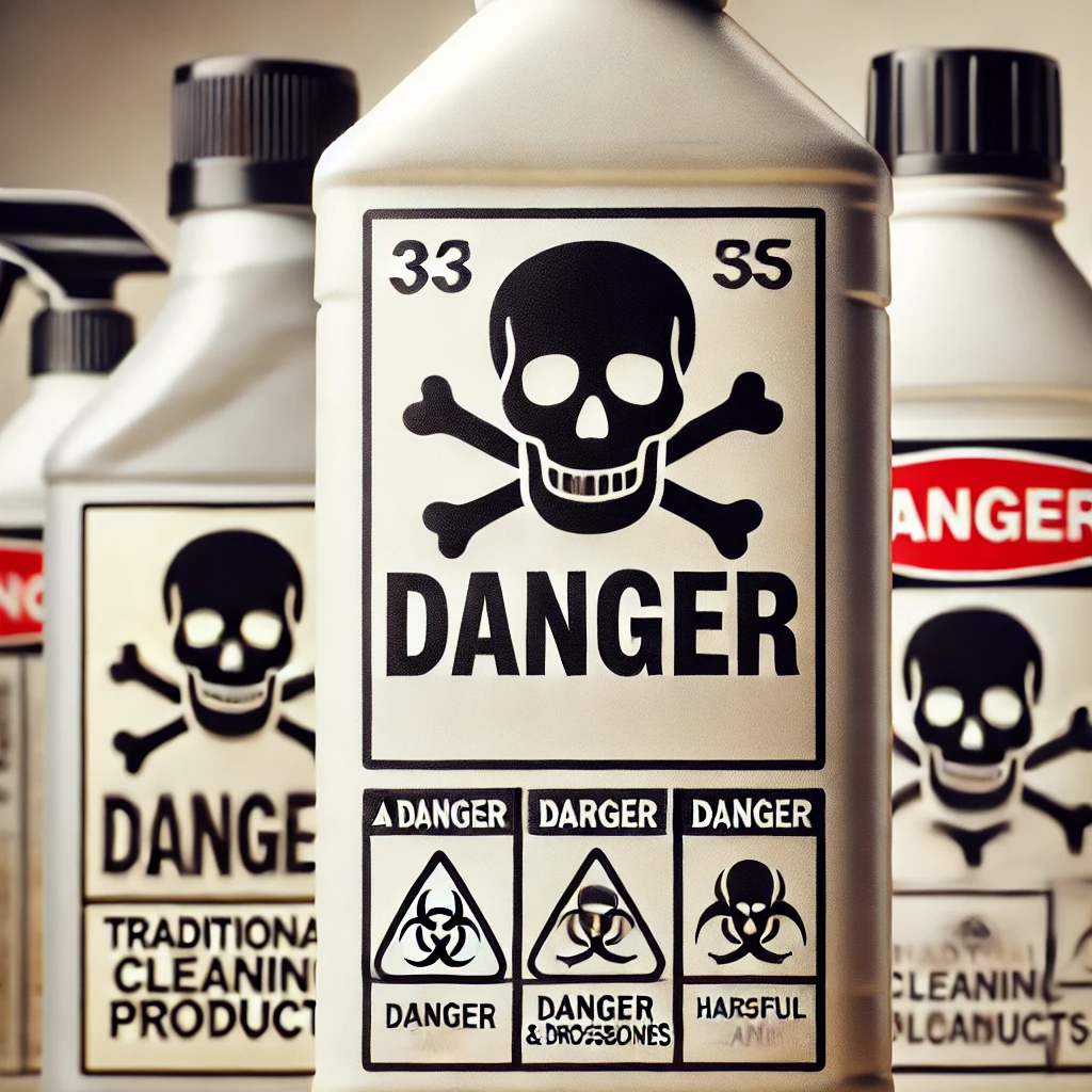 close-up image of traditional cleaning products with visible warning labels