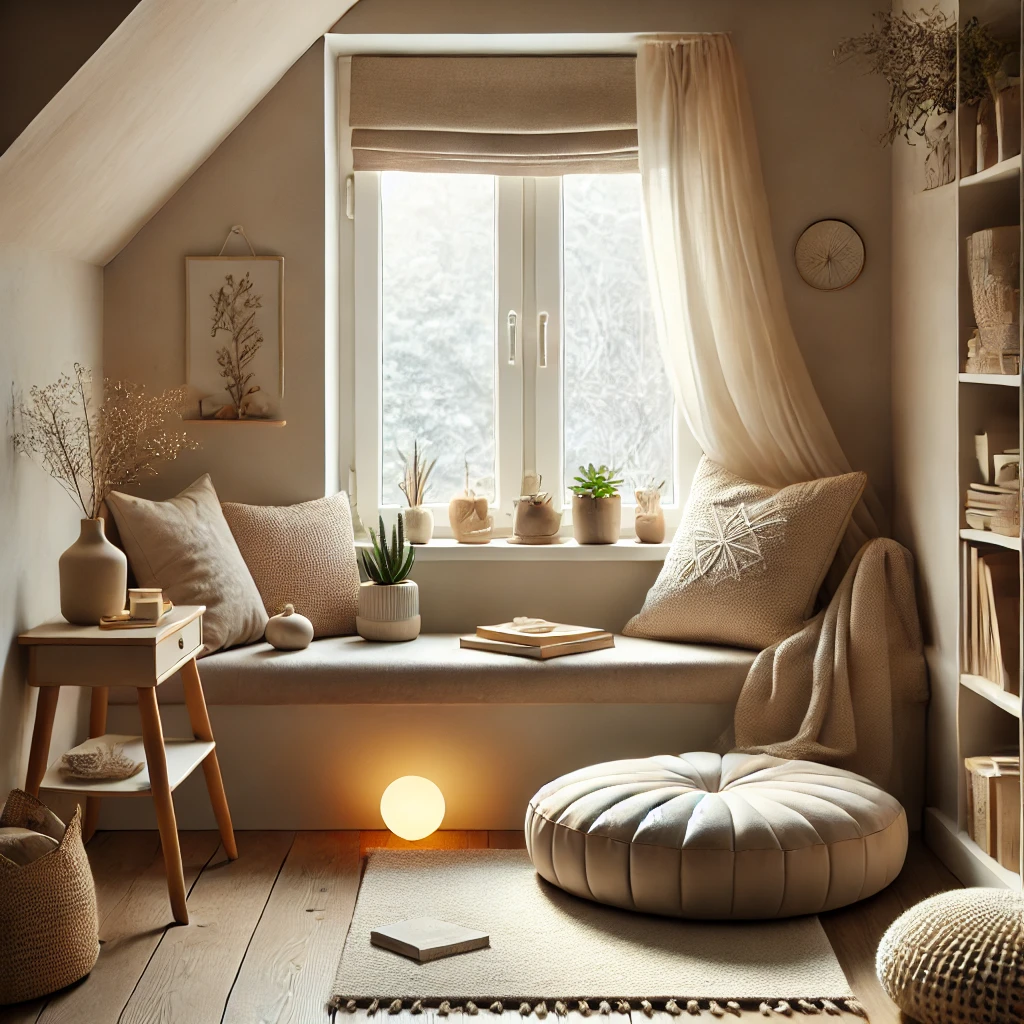 A cosy, clutter-free meditation space with soft lighting, a meditation cushion, and a few calming décor items.