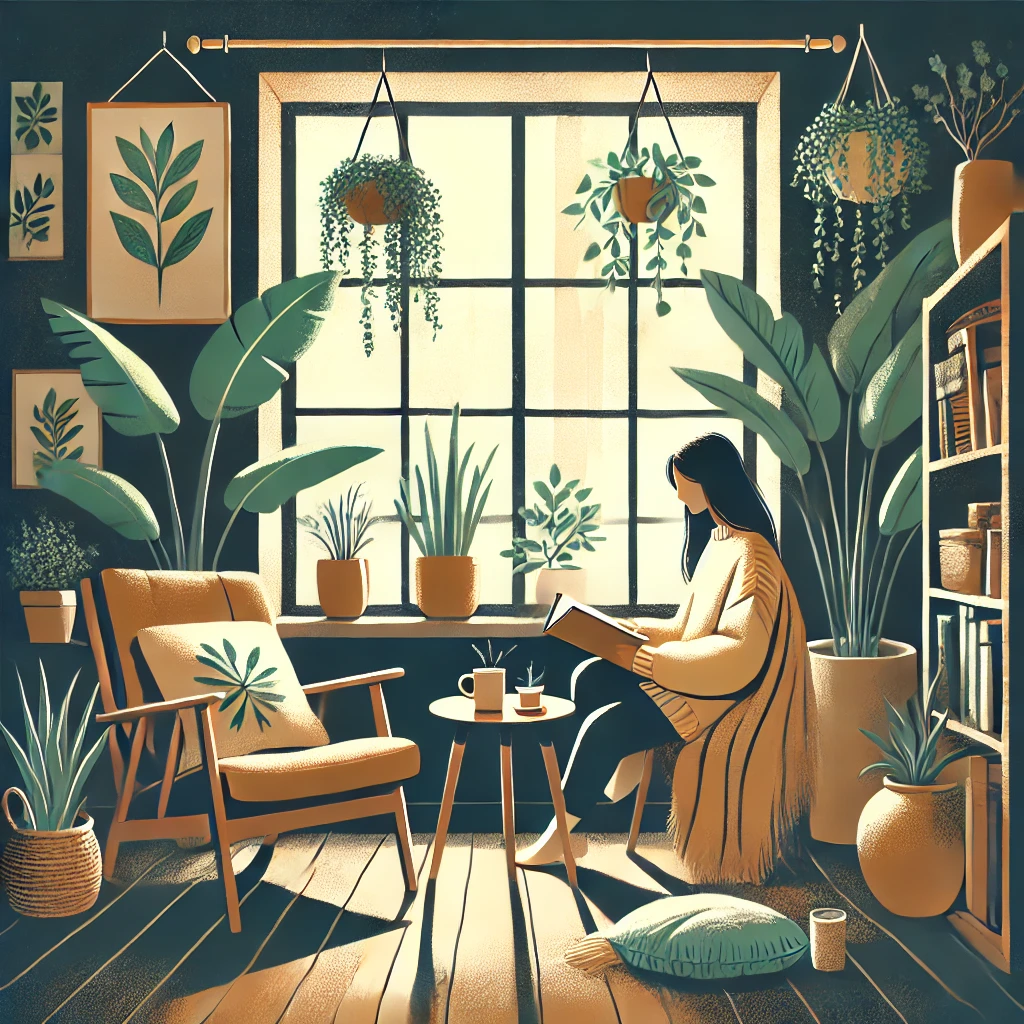 A cozy reading scene—someone reading a book, preferably in a peaceful setting (e.g., by a window, with plants).