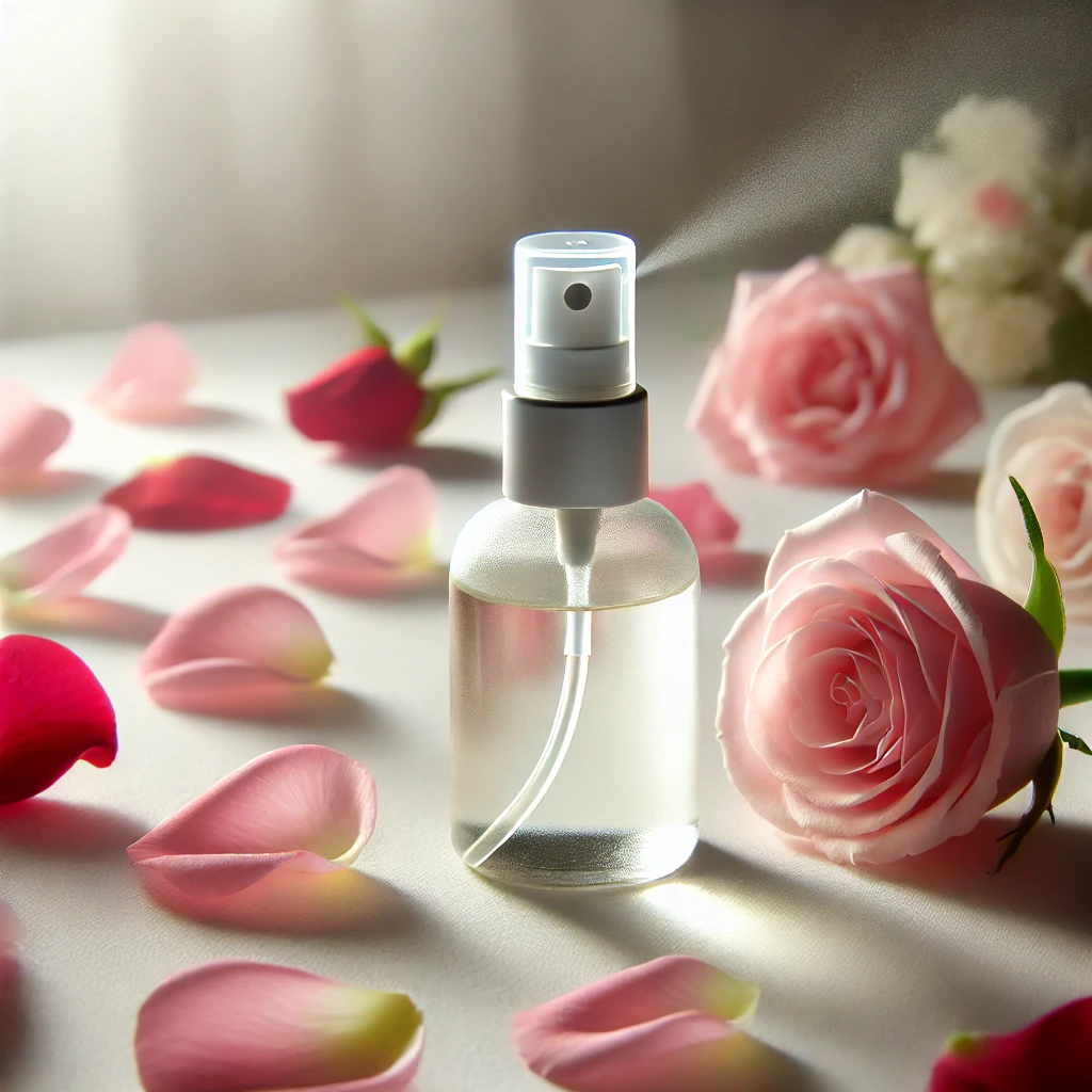 Rose petals with a small spray bottle of rose water, arranged in an elegant, soft setup.