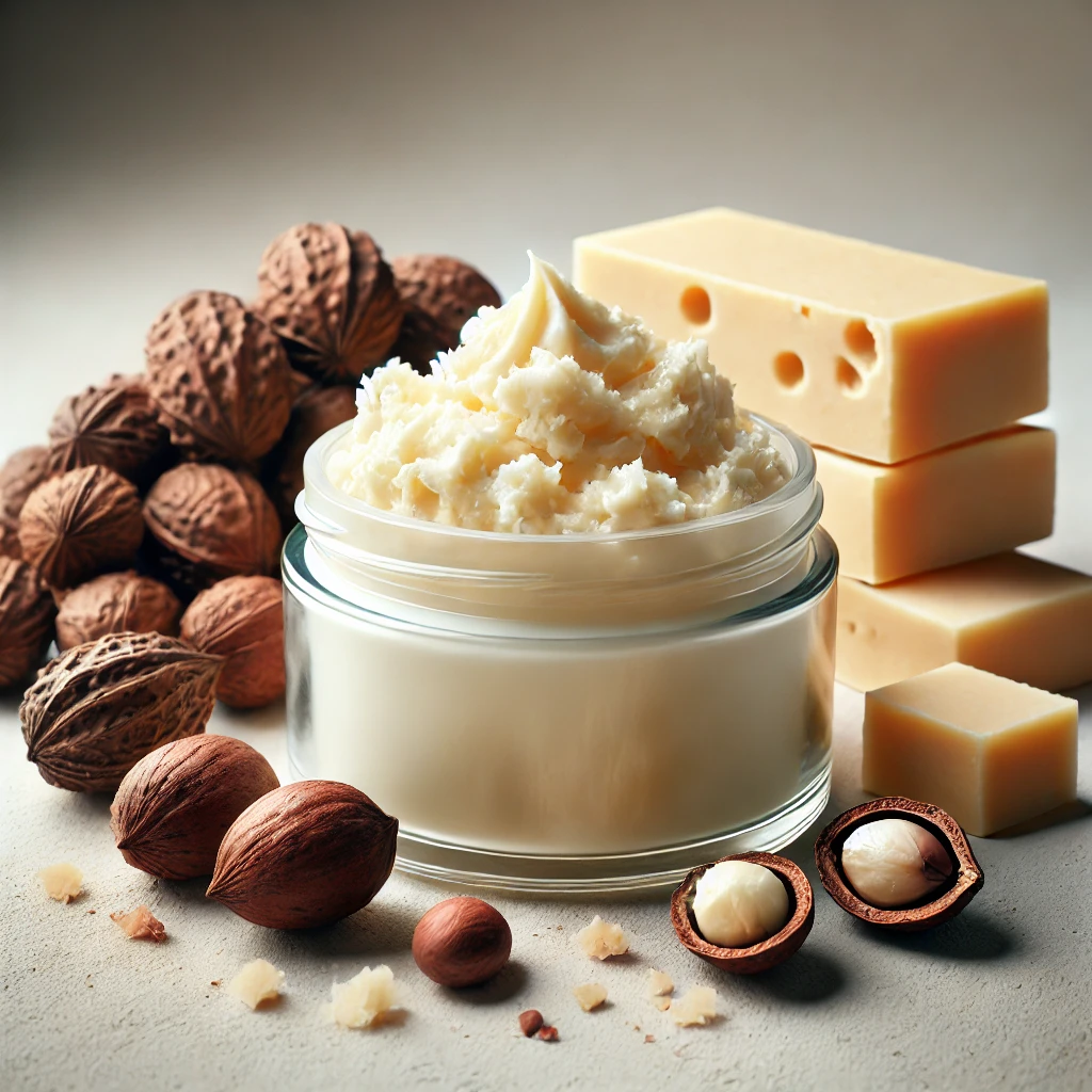 Shea butter in a glass container, with some shea nuts or chunks of raw shea butter beside it.