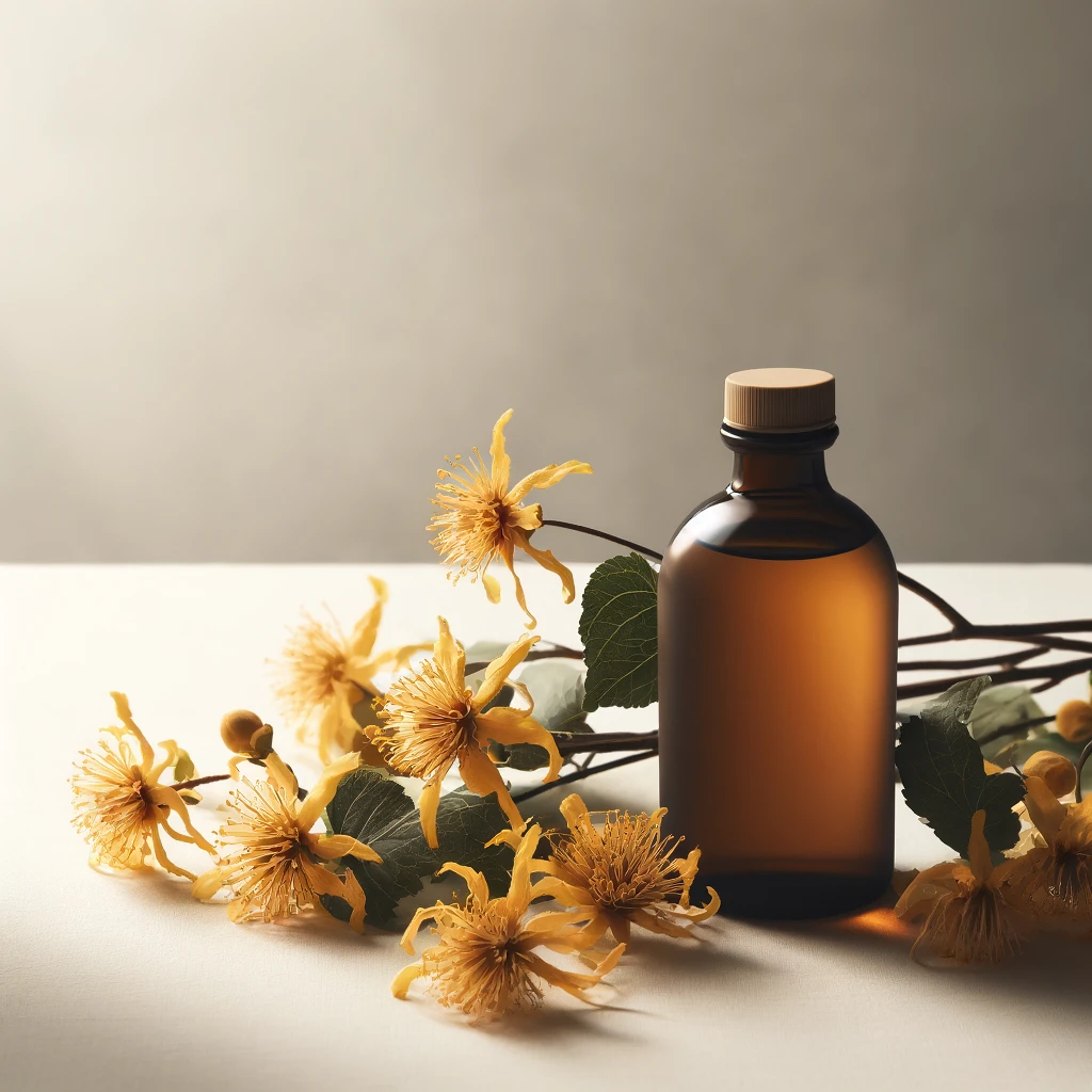 Witch hazel flowers or a bottle of witch hazel toner in a simple, natural setting.