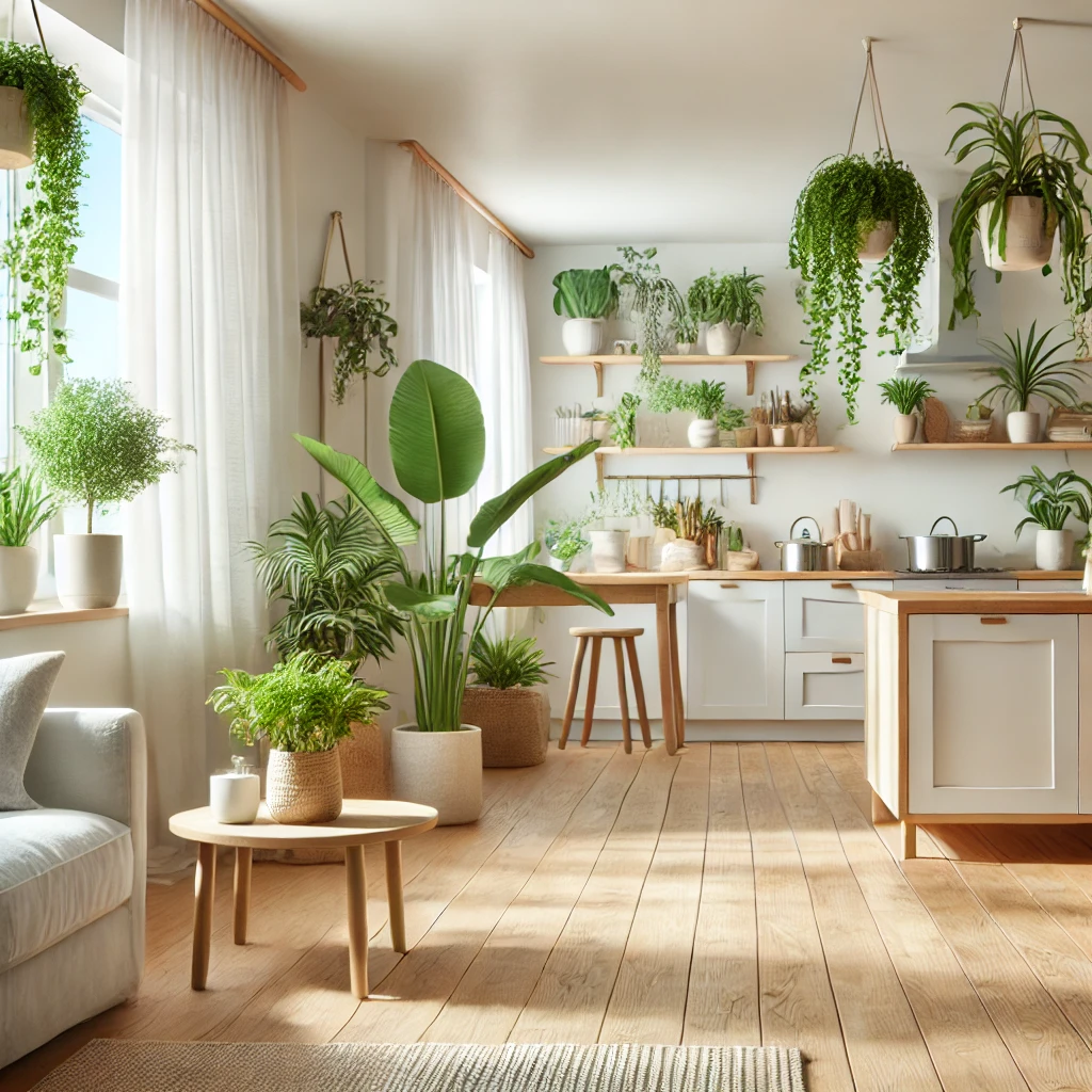 image of a bright, clean, eco-friendly kitchen or living room with natural light, plants, and minimal décor