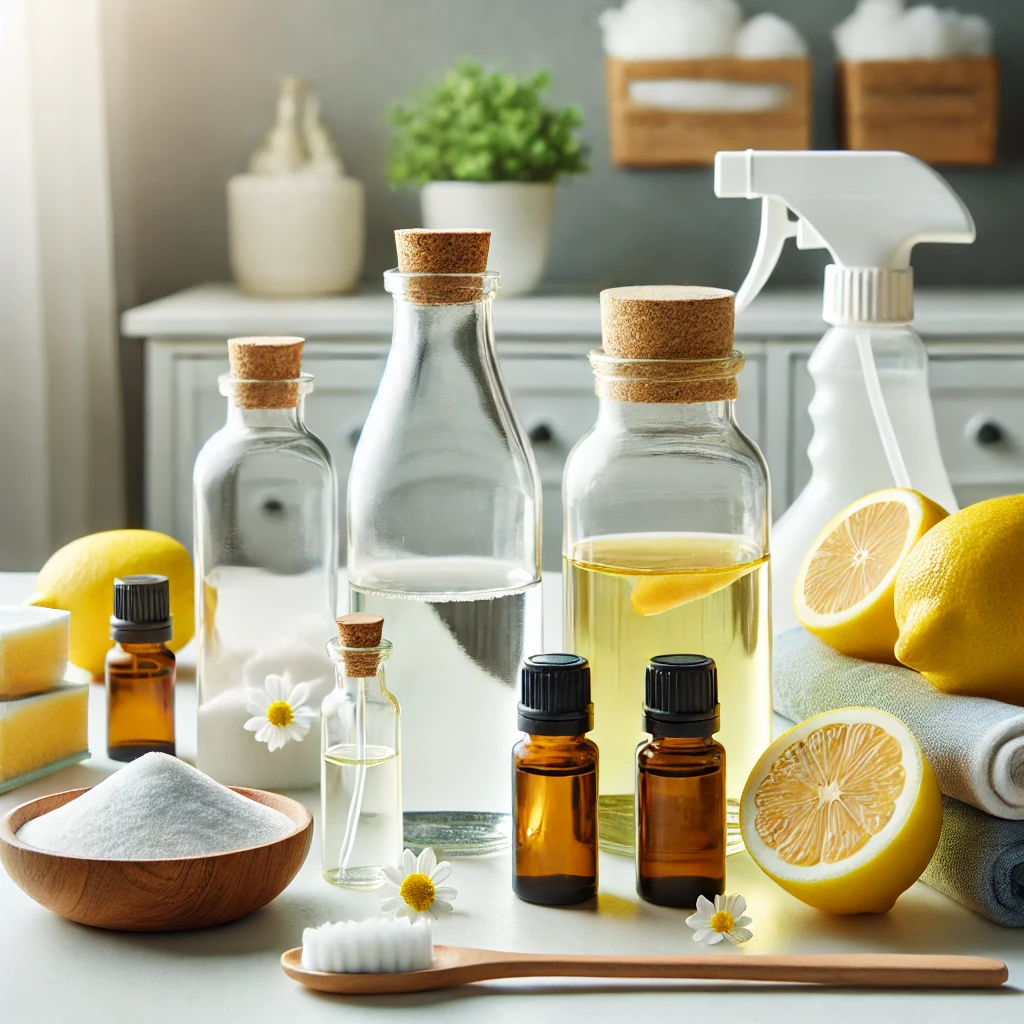 image of natural cleaning ingredients, including vinegar, baking soda, lemons, essential oils, and empty spray bottles, arranged on a clean surface