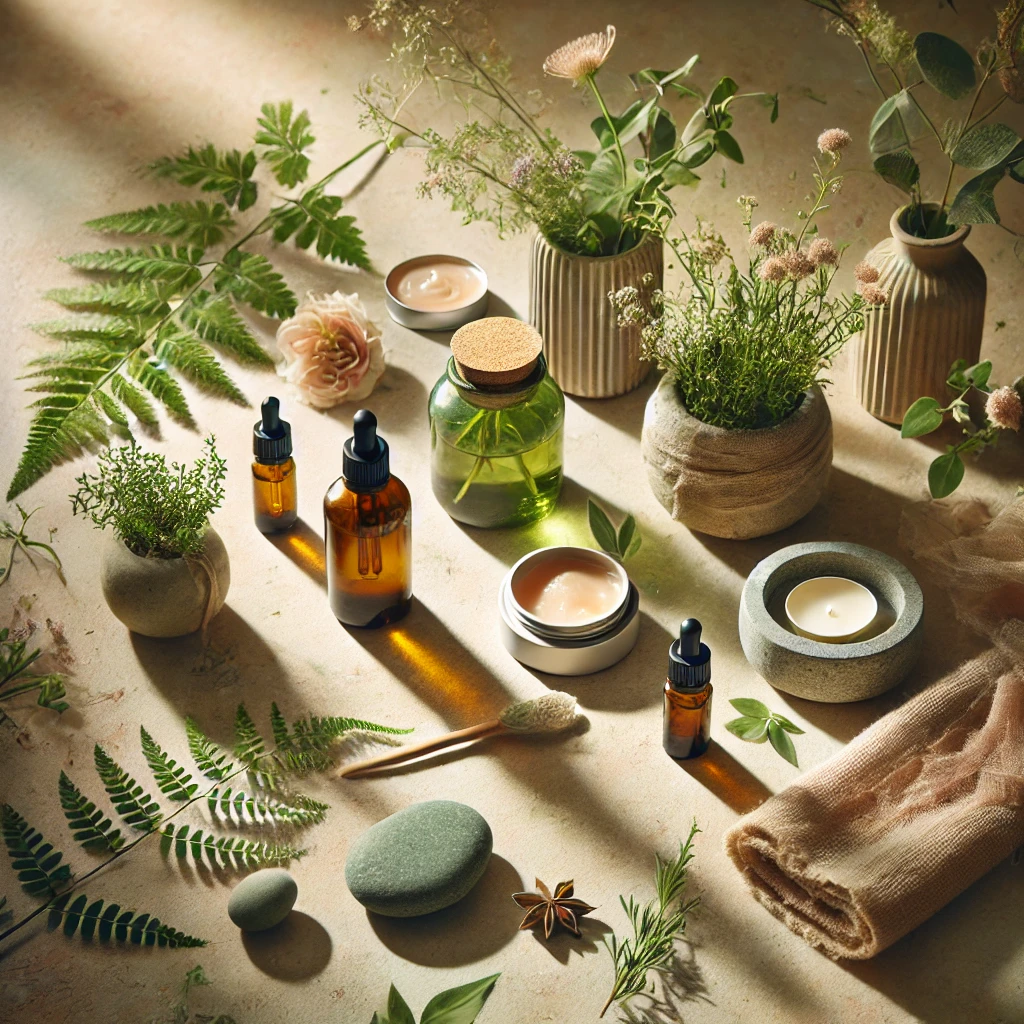 A calming, natural beauty scene (e.g., a woman with glowing skin holding a natural product, or a nature-inspired flat lay with plants and essential oils).