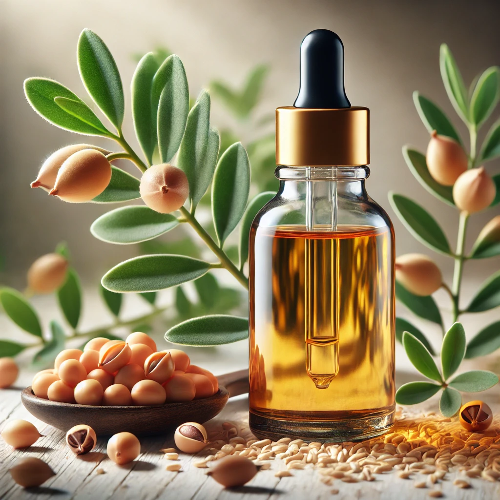 Dropper bottle of jojoba oil with jojoba seeds or the jojoba plant in the background.