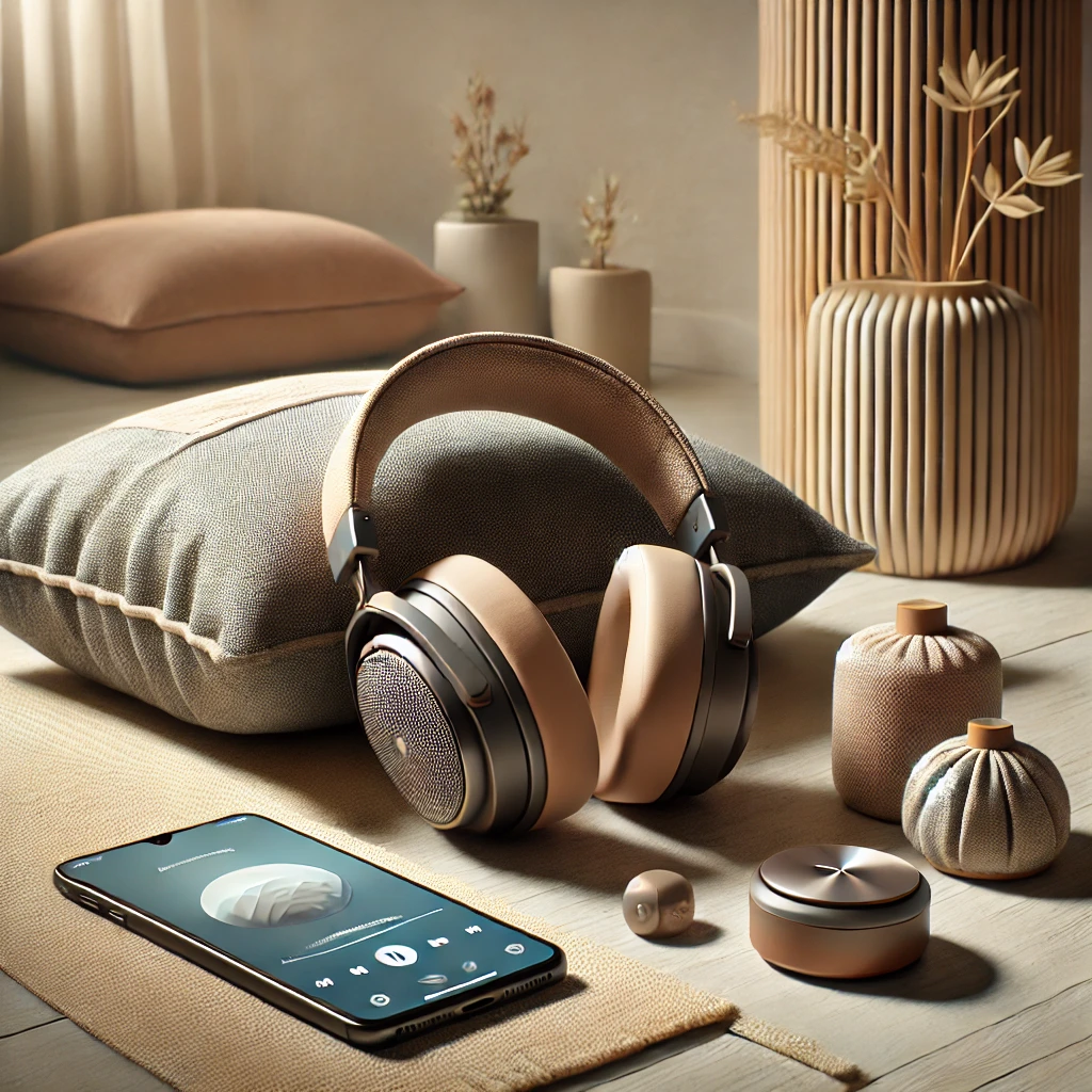 An image collage or series of individual images showing mindfulness tools like noise-canceling headphones, a meditation cushion, and a smartphone with a meditation app open.