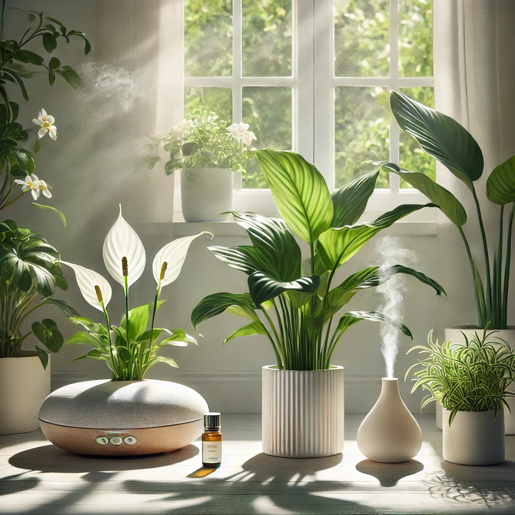 serene image featuring indoor plants and an essential oil diffuser emitting a calming mist near a bright window