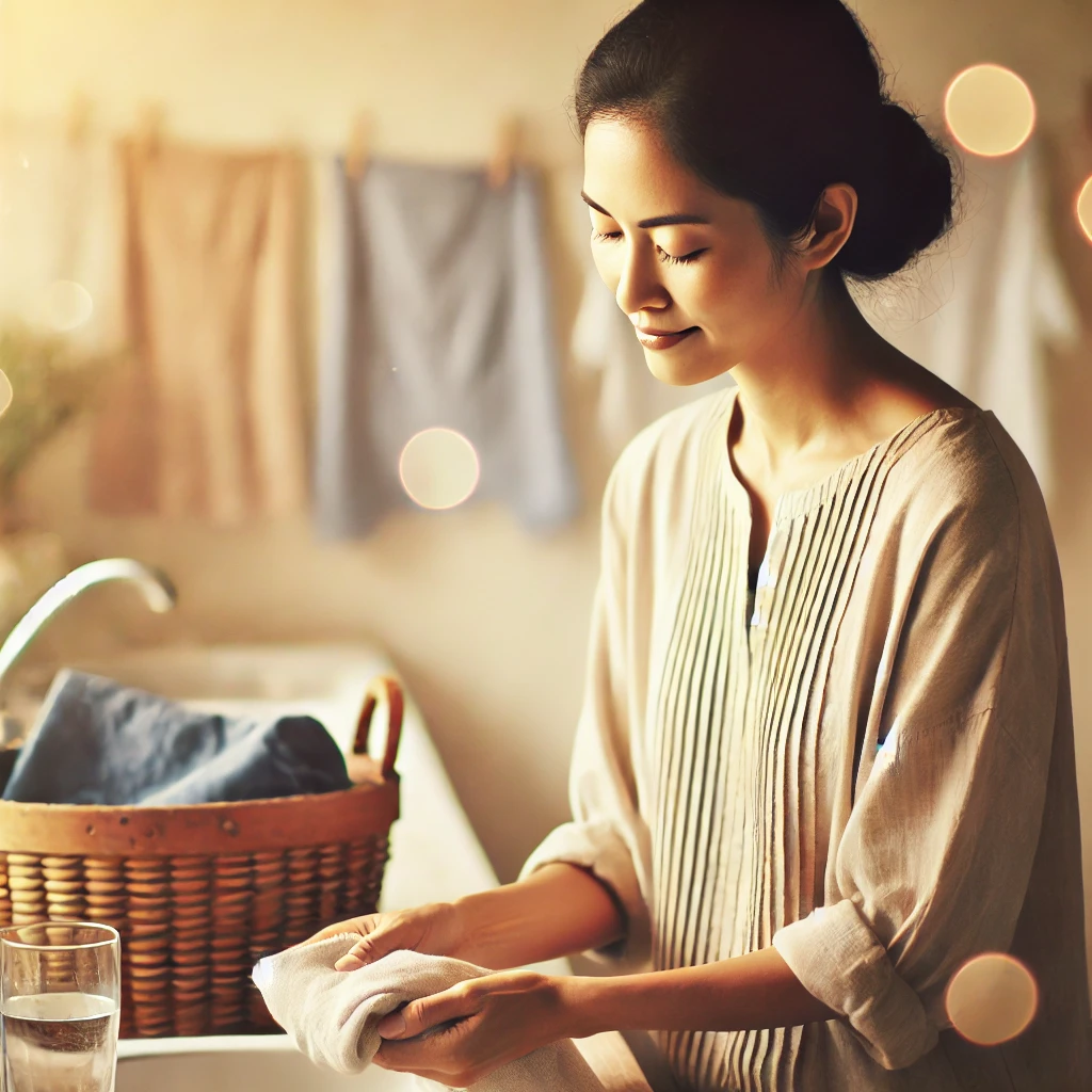 A mom washing dishes or folding laundry with a calm expression, embodying mindfulness during everyday activities.